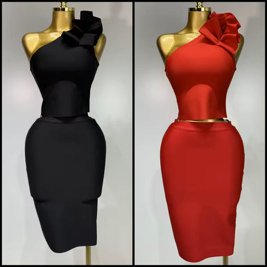 Sexy One Shoulder Ruffled Sleeveless Bandage Skirt Set