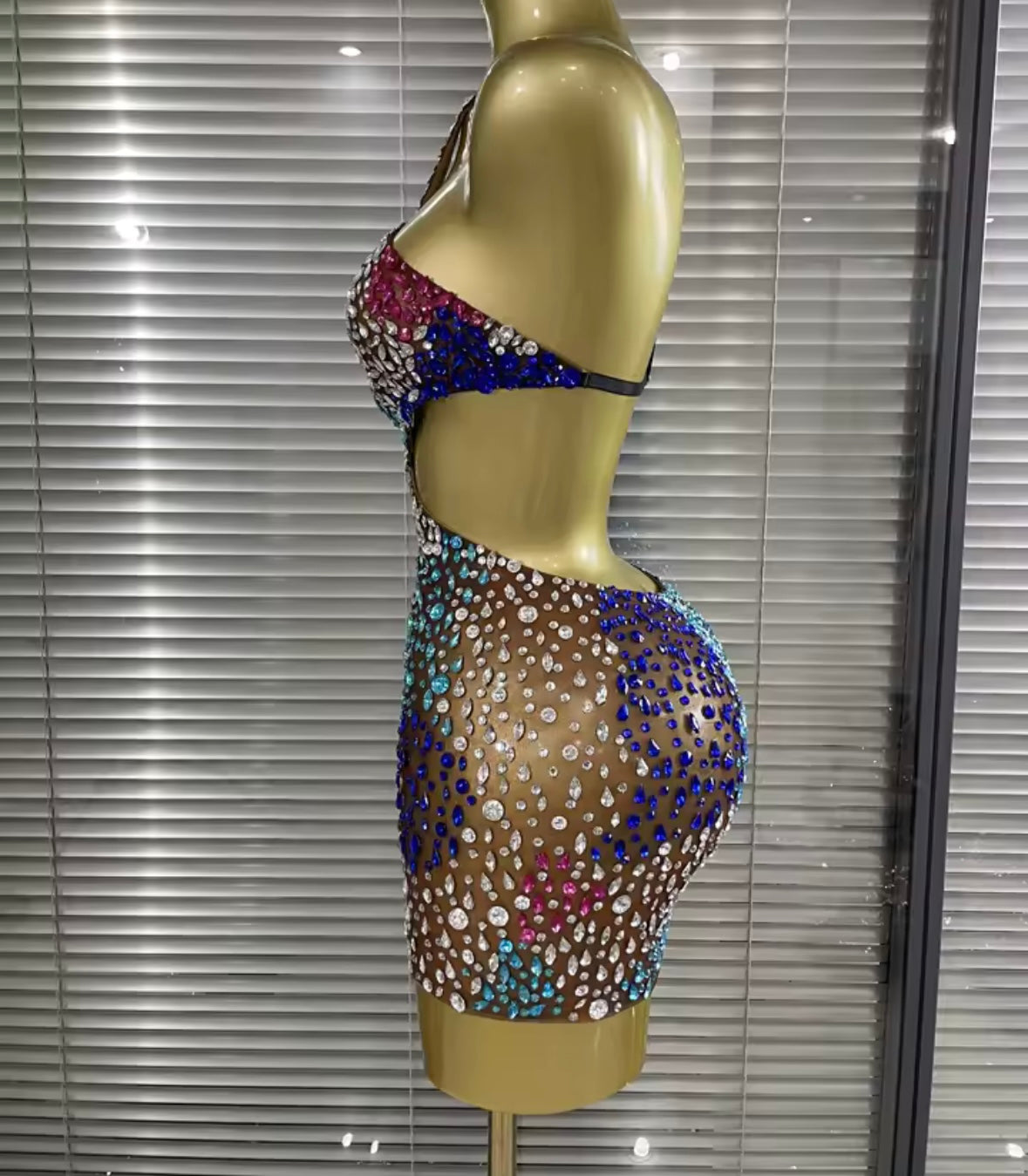 Sexy Sleeveless Open Back Colorful Crystal See Through Dress