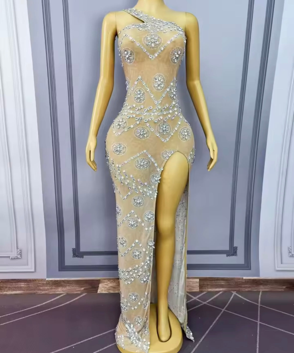 Sexy One Shoulder Sleeveless Rhinestone Side Split Maxi Dress