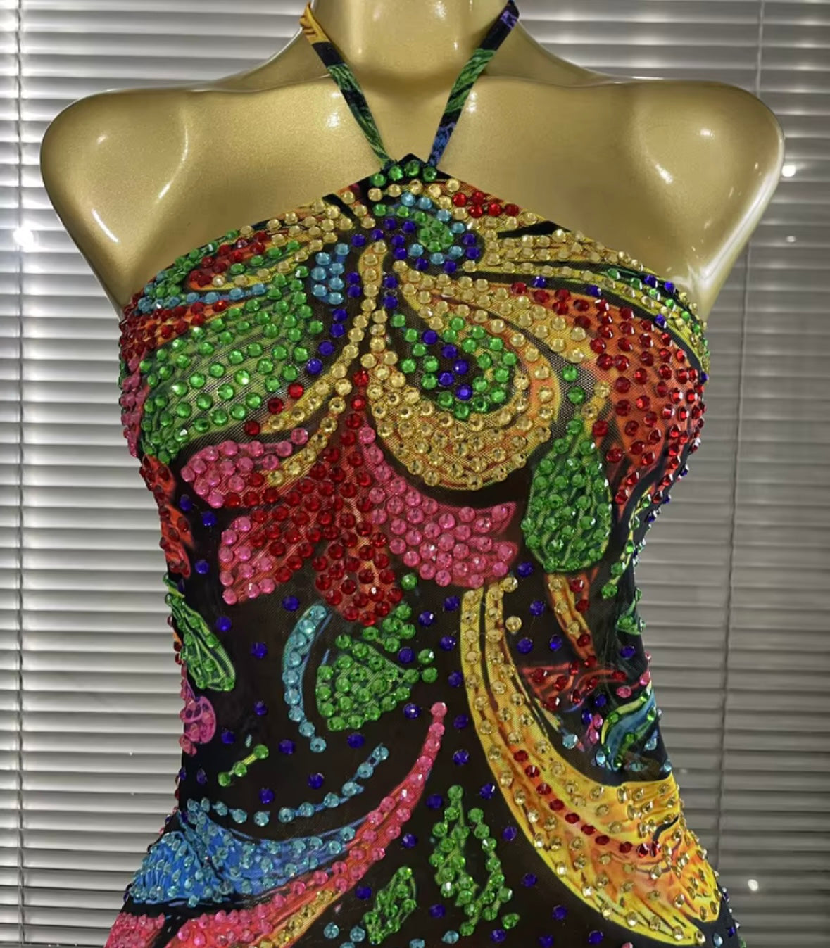 Sexy Halter Sleeveless Colorful Rhinestone Dress