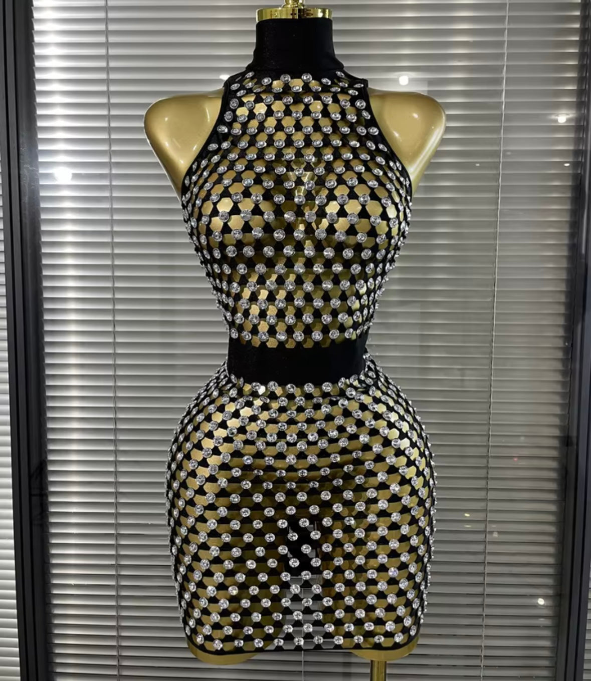 Sexy Sleeveless Rhinestone Open Back See Through Dress