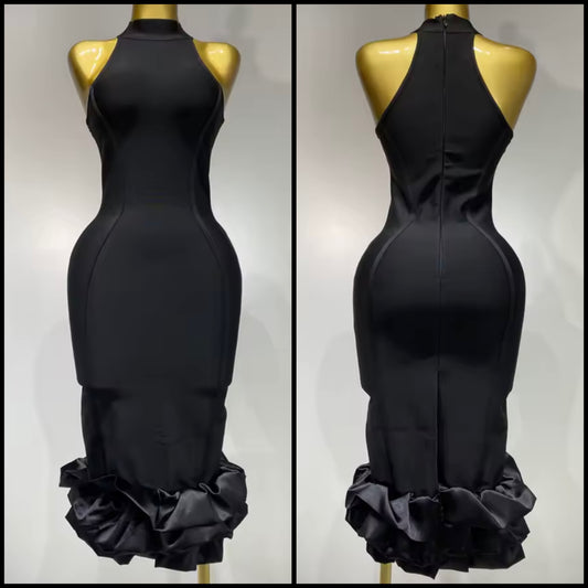 Sexy Black Sleeveless Ruffled Midi-Length Dress