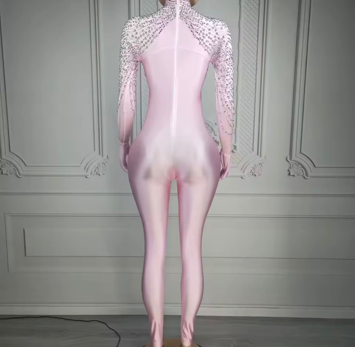 Elegant Pink Rhinestone Glove Jumpsuit