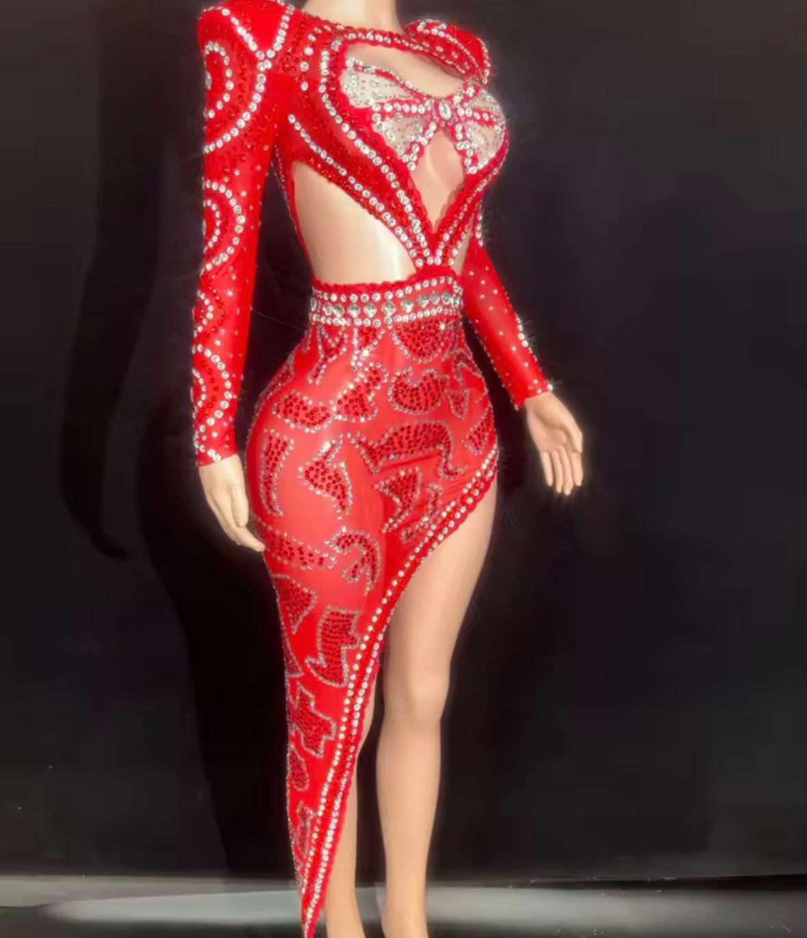 Sexy Red Rhinestone Hollow Out Full Sleeve Asymmetrical Dress