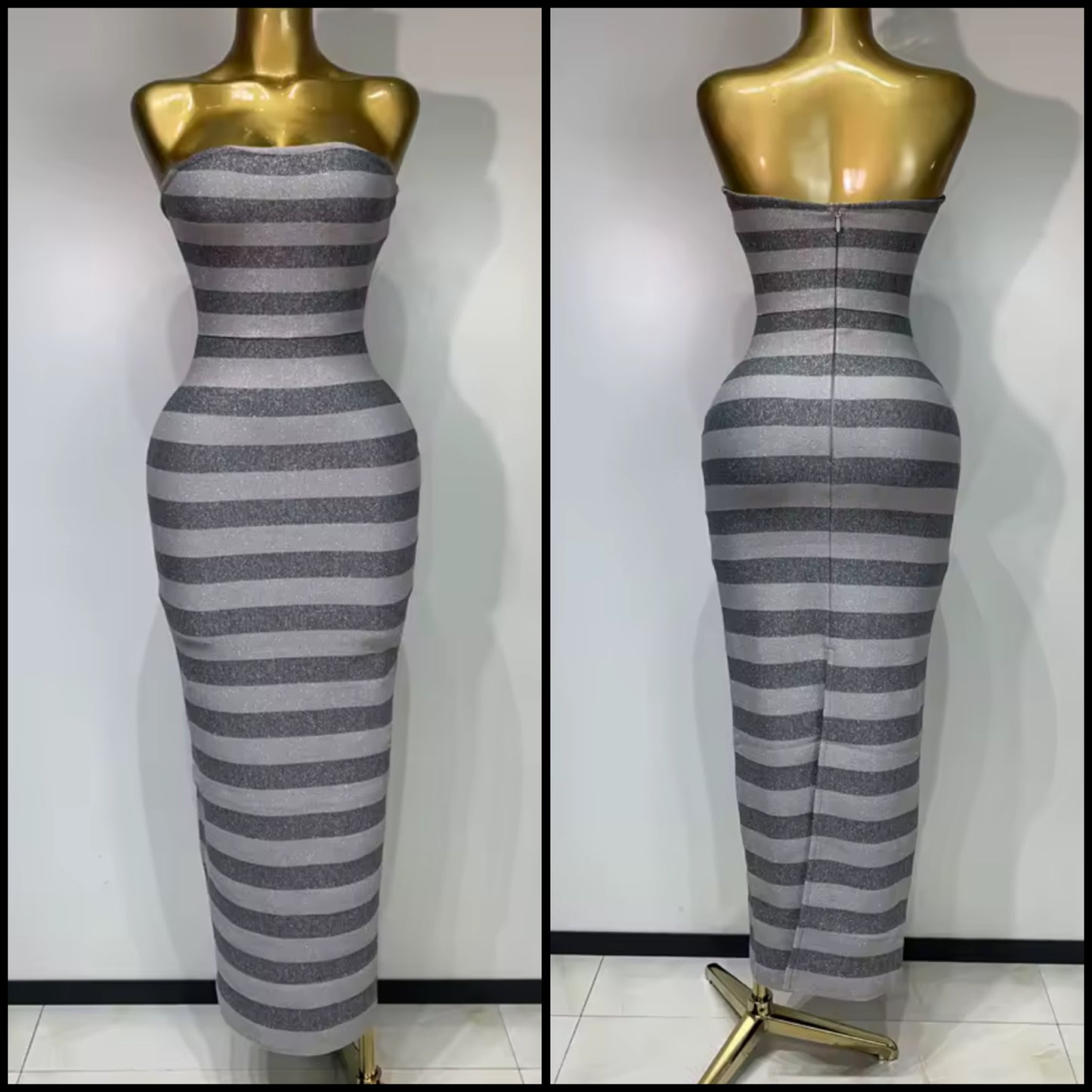 Gray Sexy Strapless Striped Bandage Floor-Length Dress