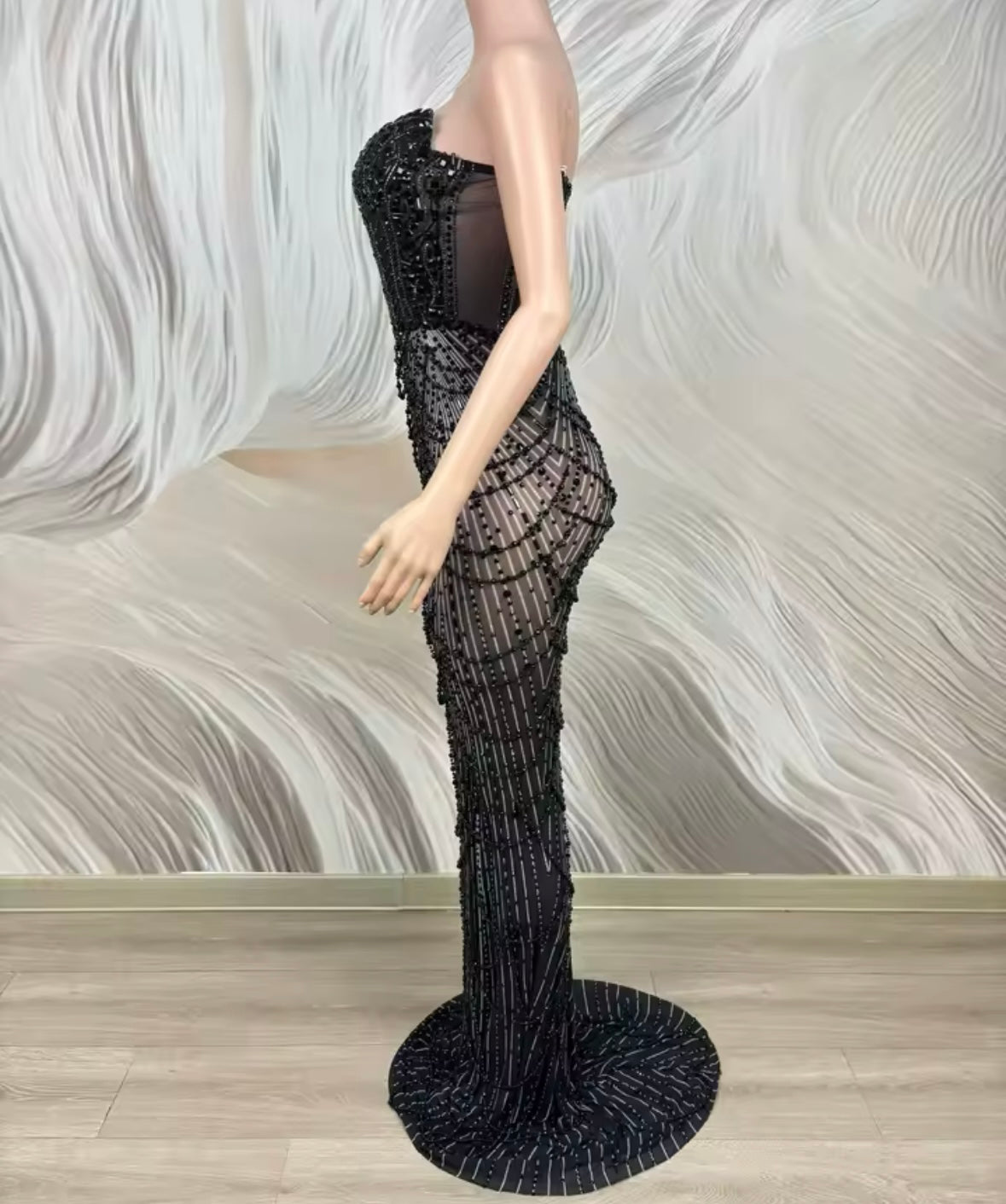 Black Sexy Strapless Beaded Crystal Floor-Length Dress