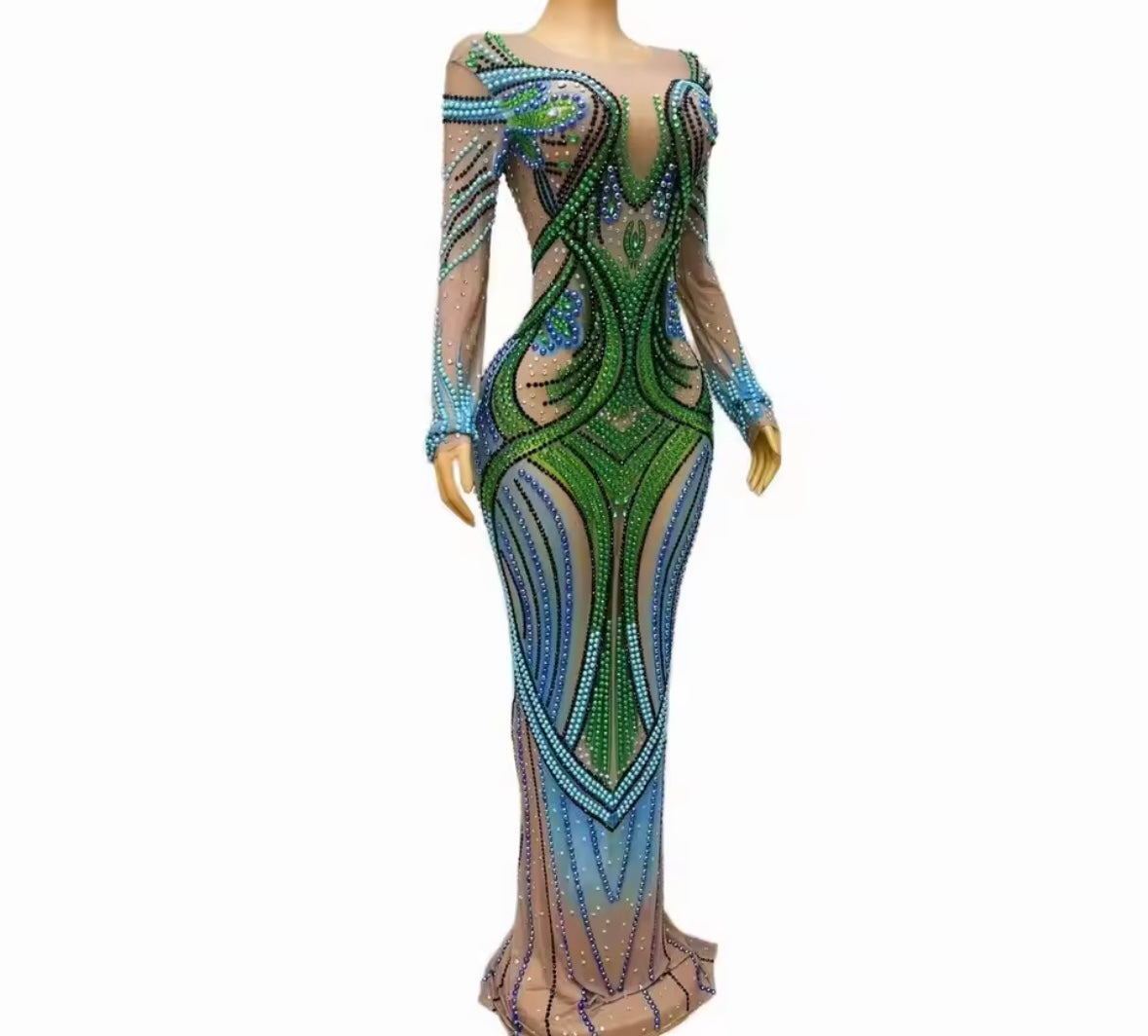 Color Rhinestone Embellishment Sexy See Through Maxi Dress