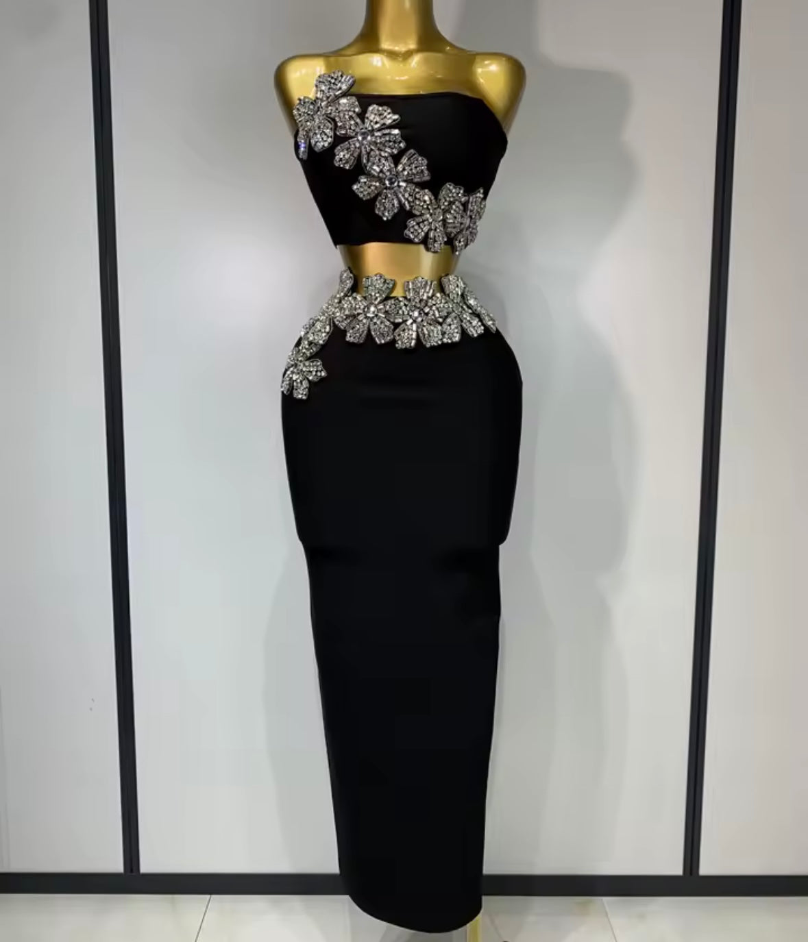 Black Strapless Floral Rhinestone Embellishment Bandage Skirt Set