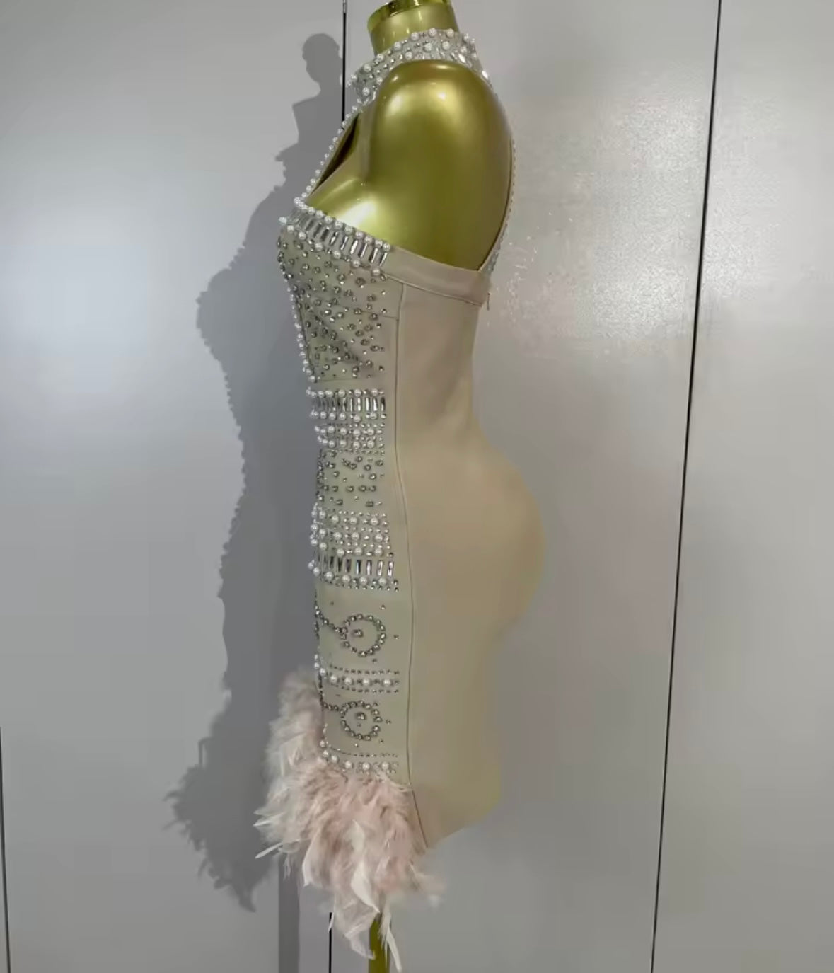 Sexy Halter Sleeveless Rhinestone Pink Feather Dress