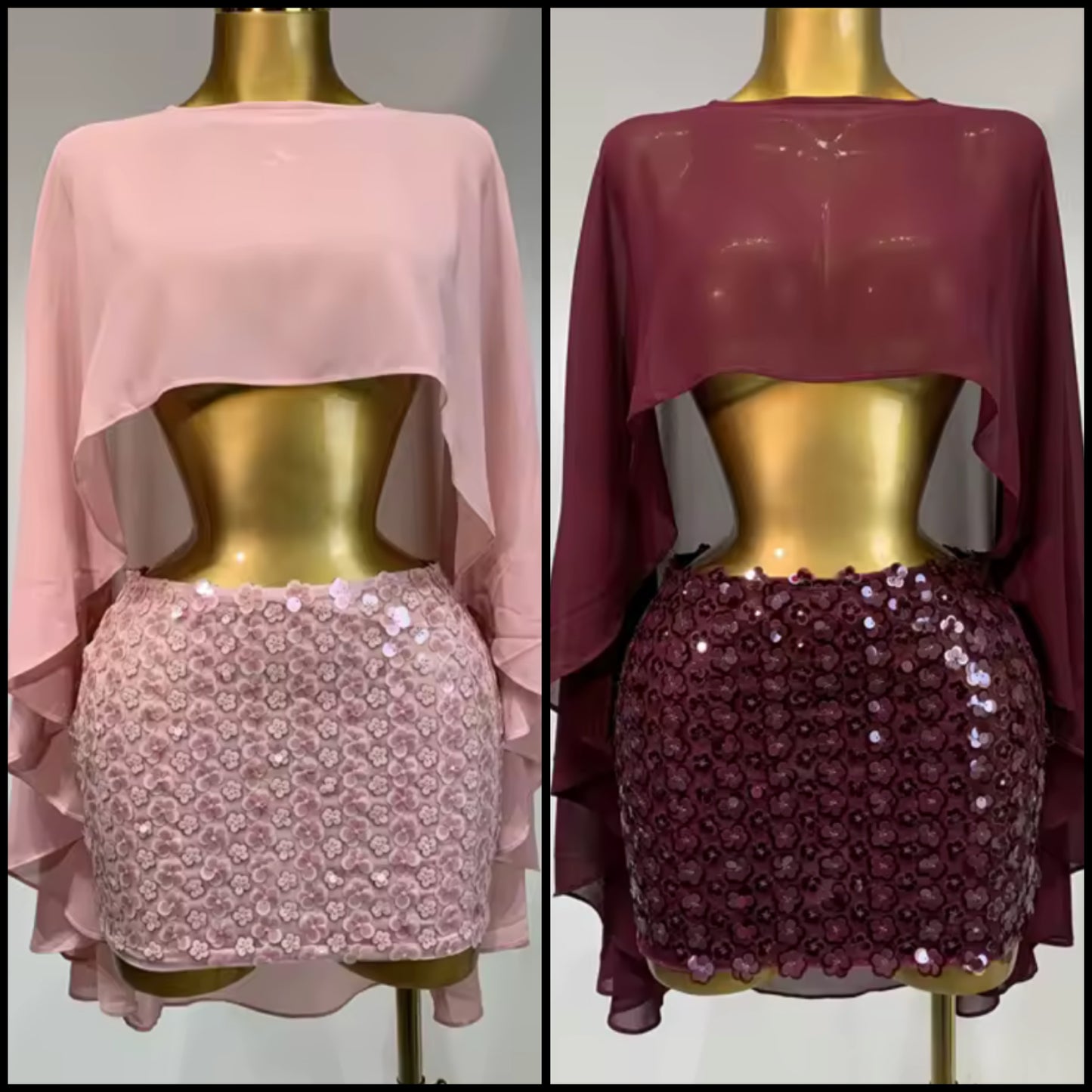 Sexy See Through Asymmetrical Top Flower Sequins Skirt Set