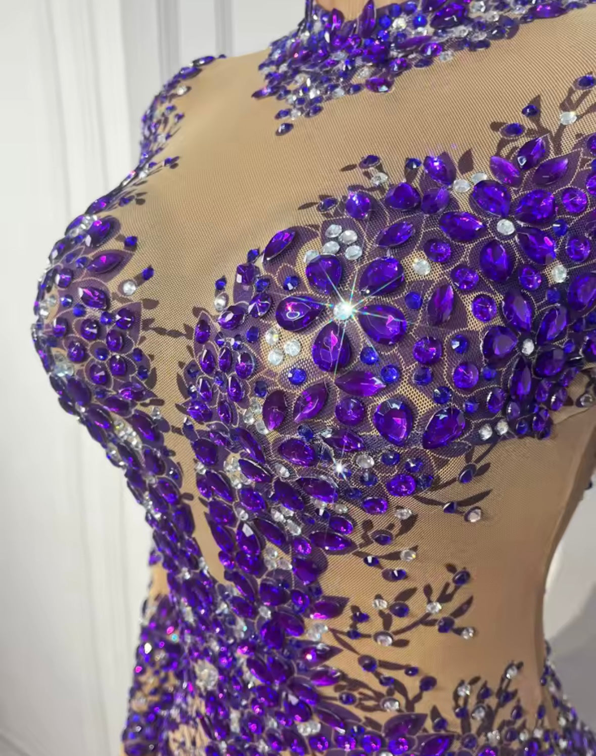 Sexy Purple Rhinestone Full Sleeve See Through Maxi Dress