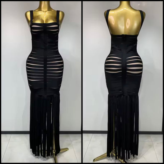 Black Sexy Sleeveless Bandage Tassel Long Dress