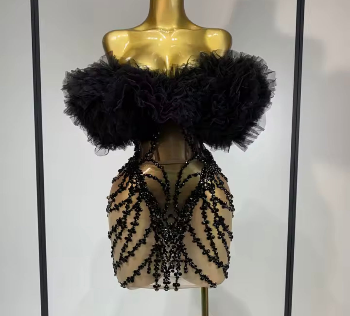 Black Ruffled Strapless Crystal Mesh Sexy Dress