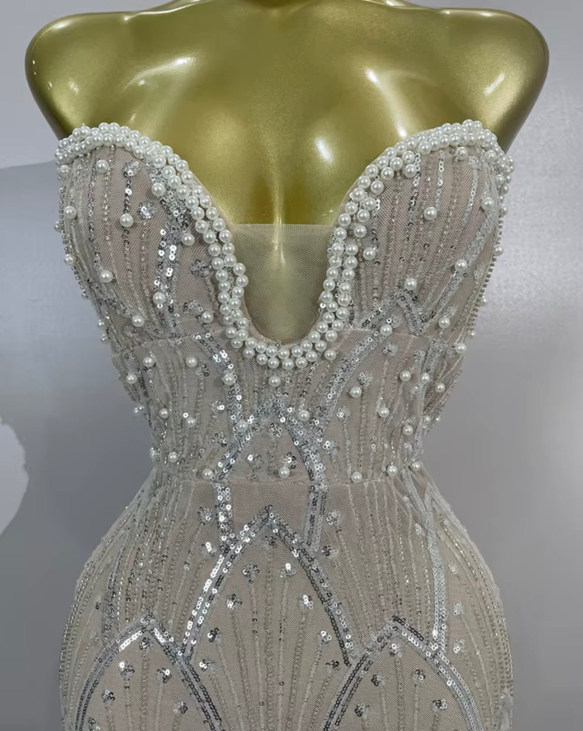 Pearl Beaded Sequins Strapless Elegant Floor-Length Dress