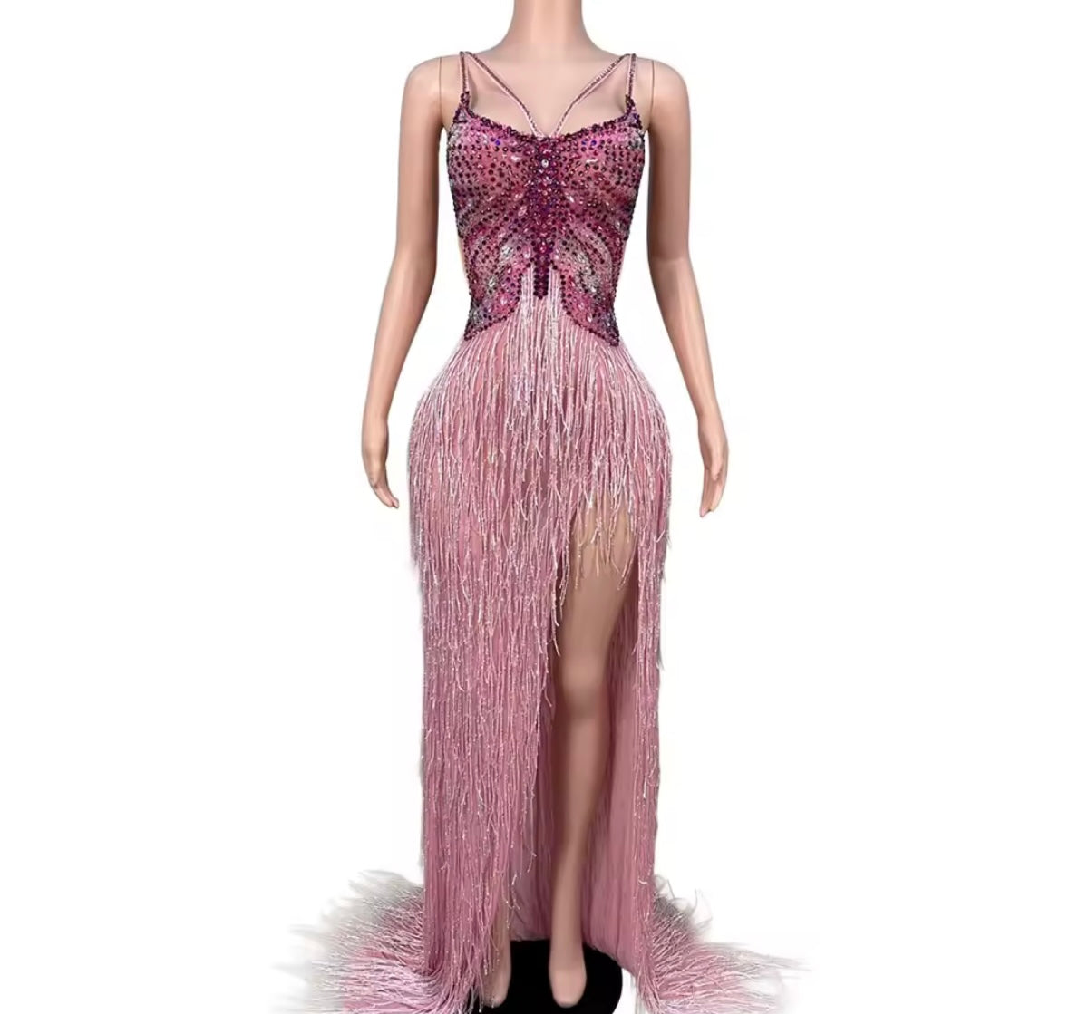 Pink Sleeveless Rhinestone Sexy Fringe Front Split Maxi Dress
