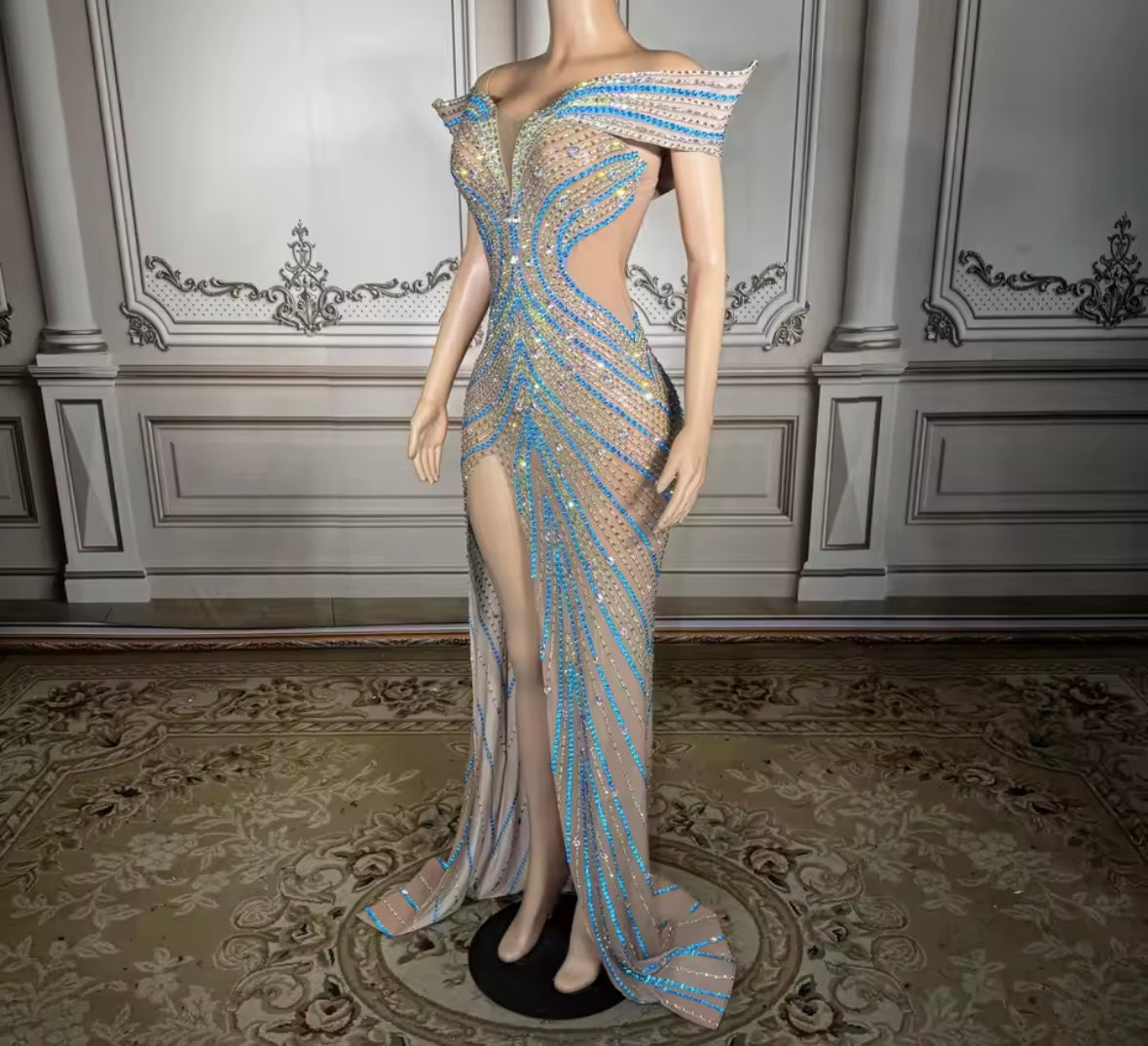 Elegant Multicolored Rhinestone Off The Shoulder Maxi Dress