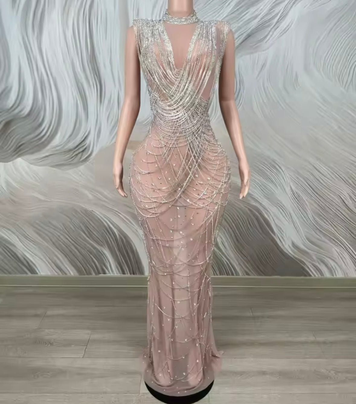 Sexy Sleeveless Rhinestone Chain See Through Maxi Dress