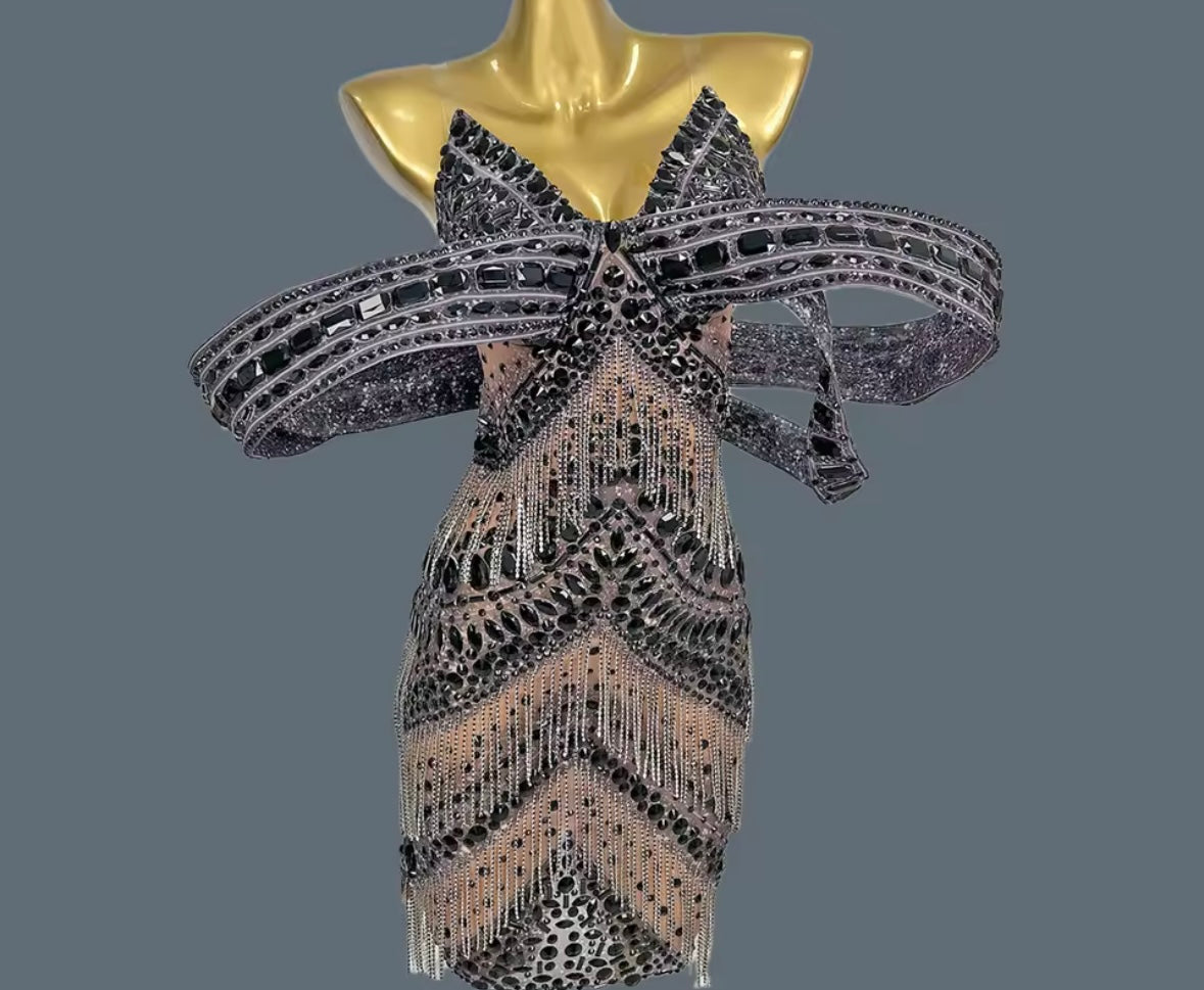 Elegant Beaded Rhinestone Tassel Dress
