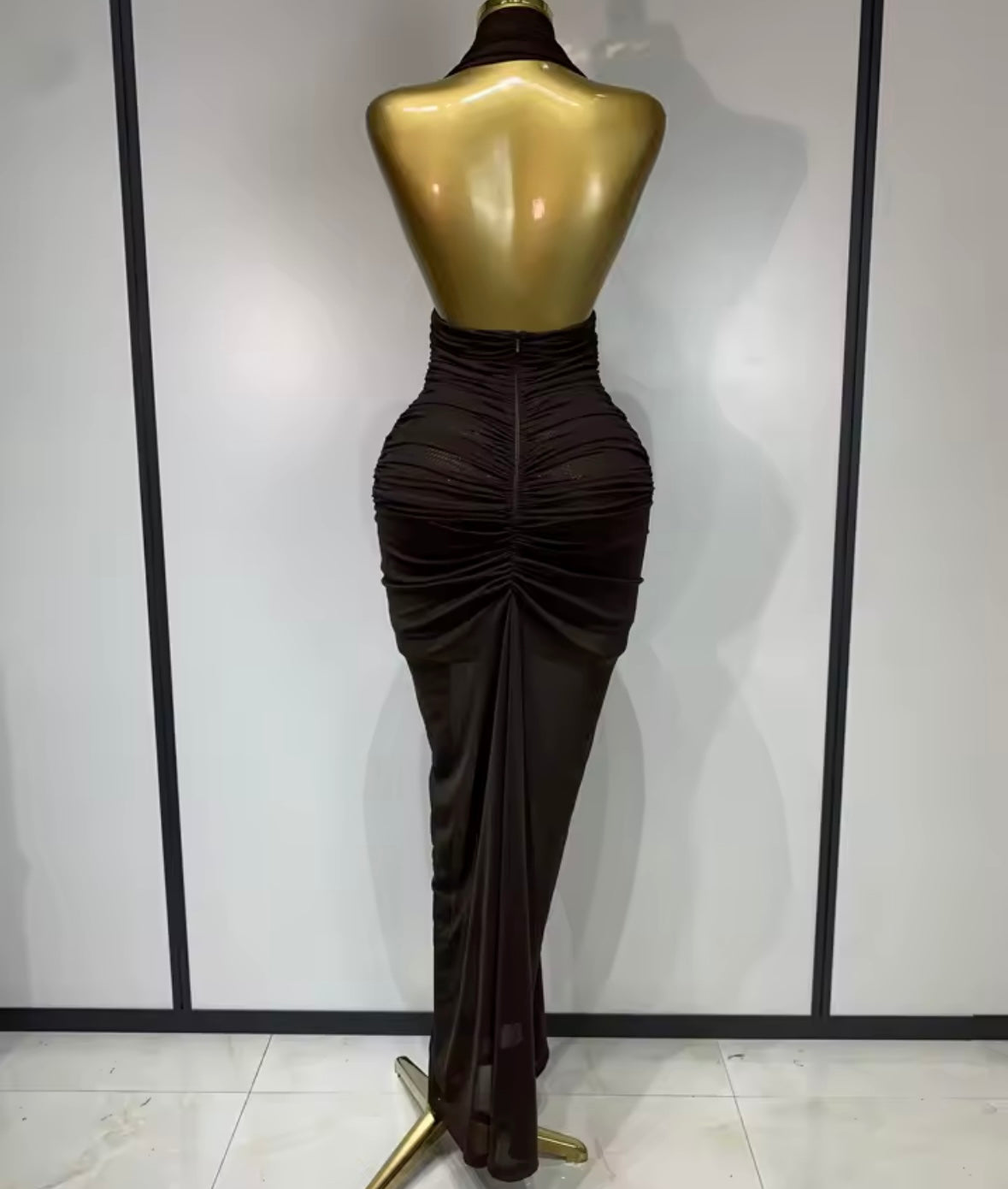 Sexy Brown Halter Sleeveless Ruched Maxi Dress