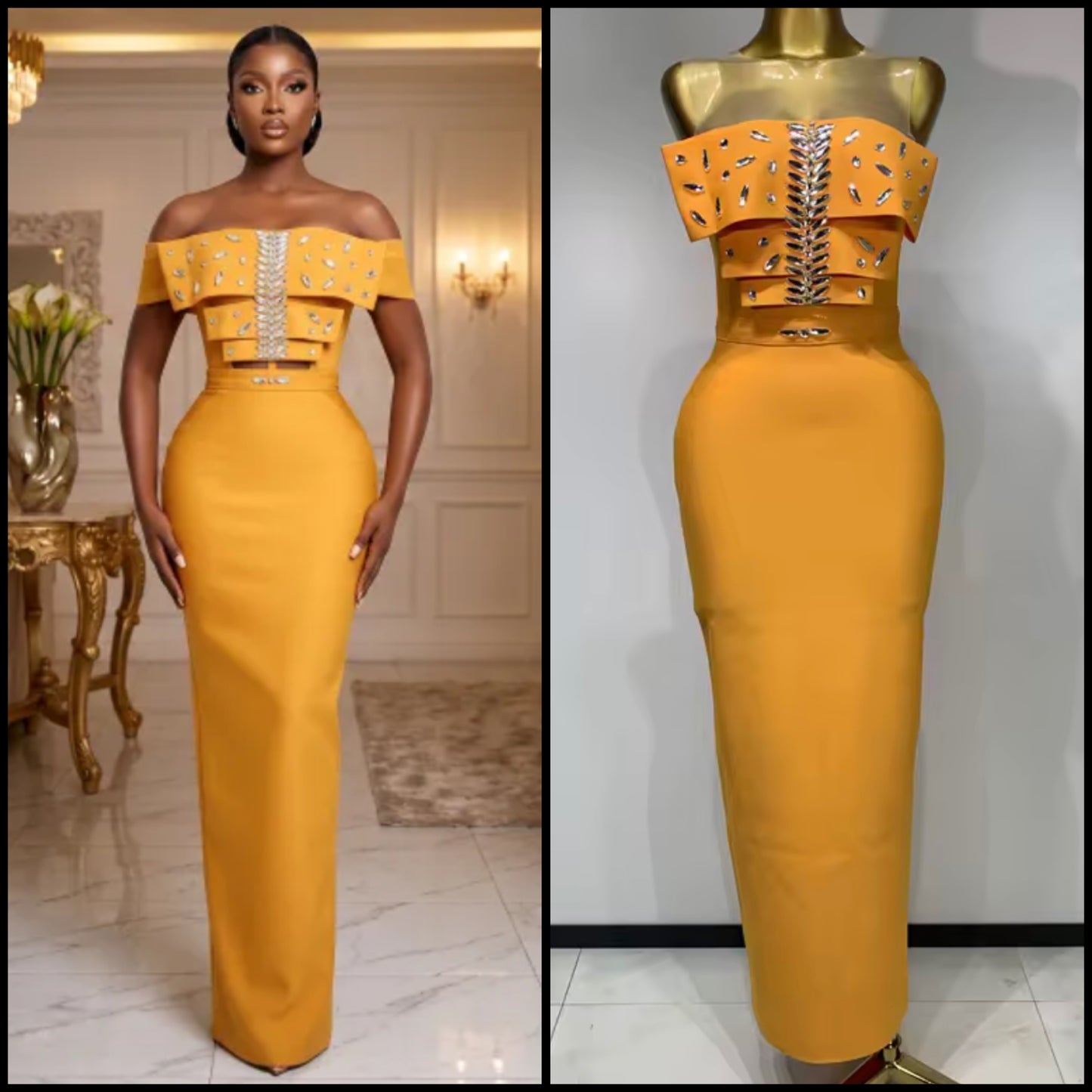 Elegant Orange Sleeveless Crystal Floor-Length Dress