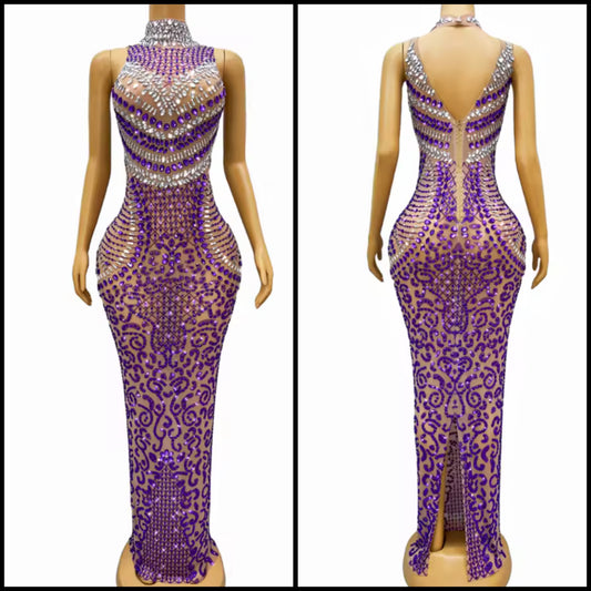 Elegant Sleeveless Purple Rhinestone Maxi Dress