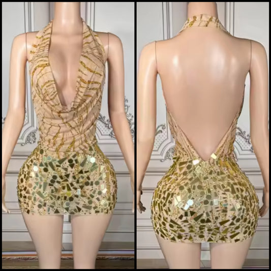 Sexy Halter Sleeveless Printed Mirror Short Dress