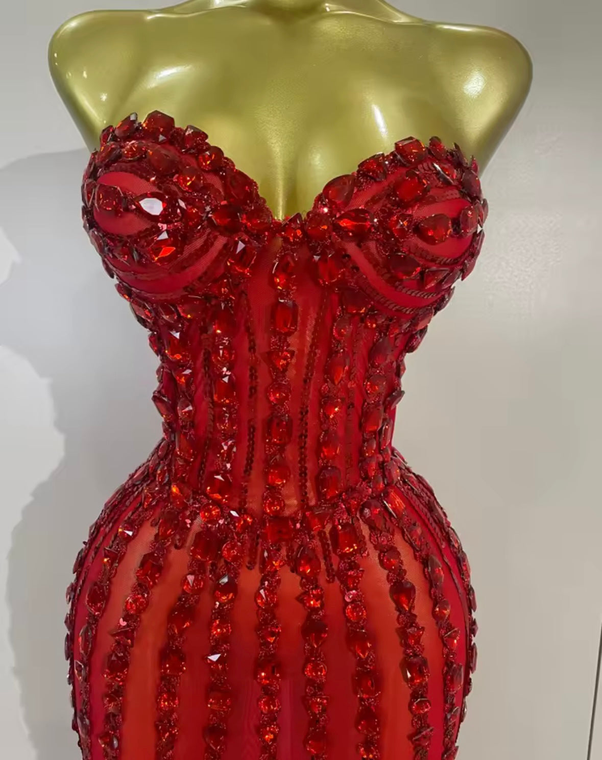 Red Sexy Strapless Crystal See Through Floor-Length Dress