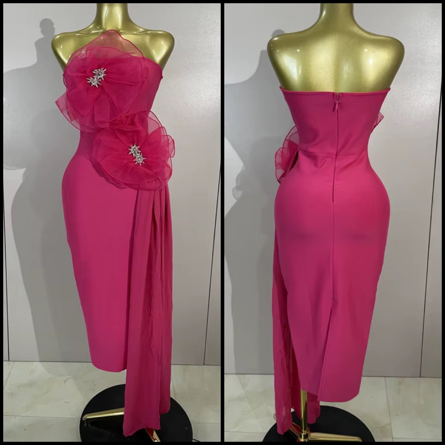 Pink Strapless Crystal Floral Tassel Dress