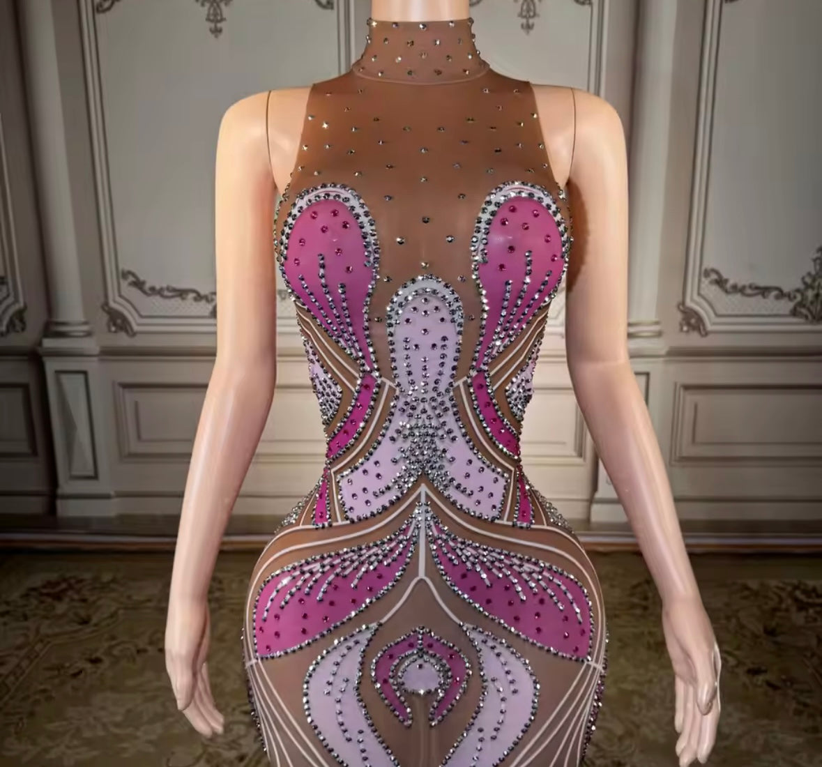 Sexy Sleeveless Color Patchwork Rhinestone See Through Maxi Dress