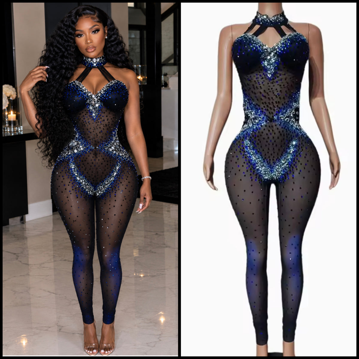 Sexy Sleeveless Color Patchwork Rhinestone See Through Jumpsuit