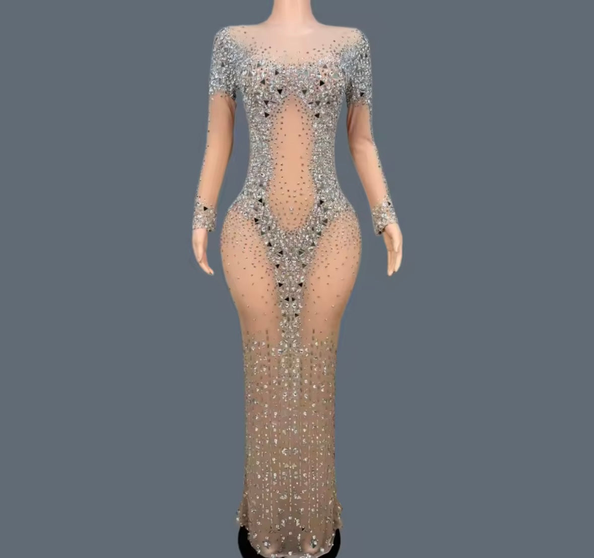 Sexy See Through Rhinestone Embellishment Floor-Length Dress