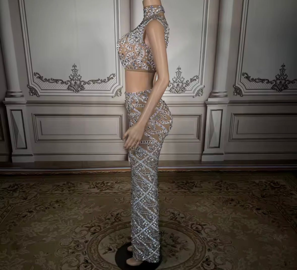Sexy Sleeveless Rhinestone Crop See Through Maxi Skirt Set