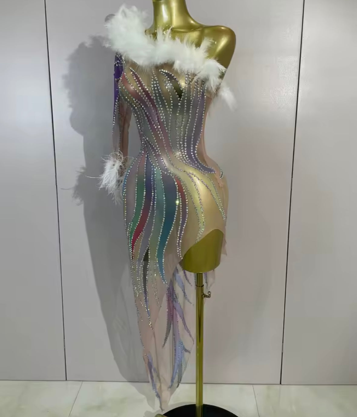 Sexy Feather One Shoulder Multicolored Rhinestone Dress