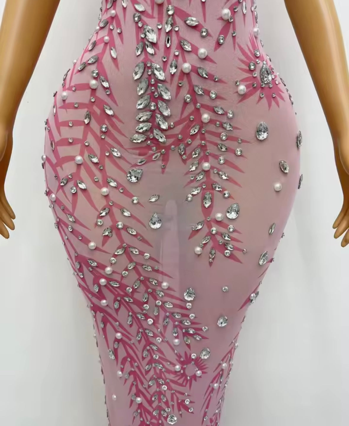 Pink Sexy Sleeveless Pearl Rhinestone Maxi Dress