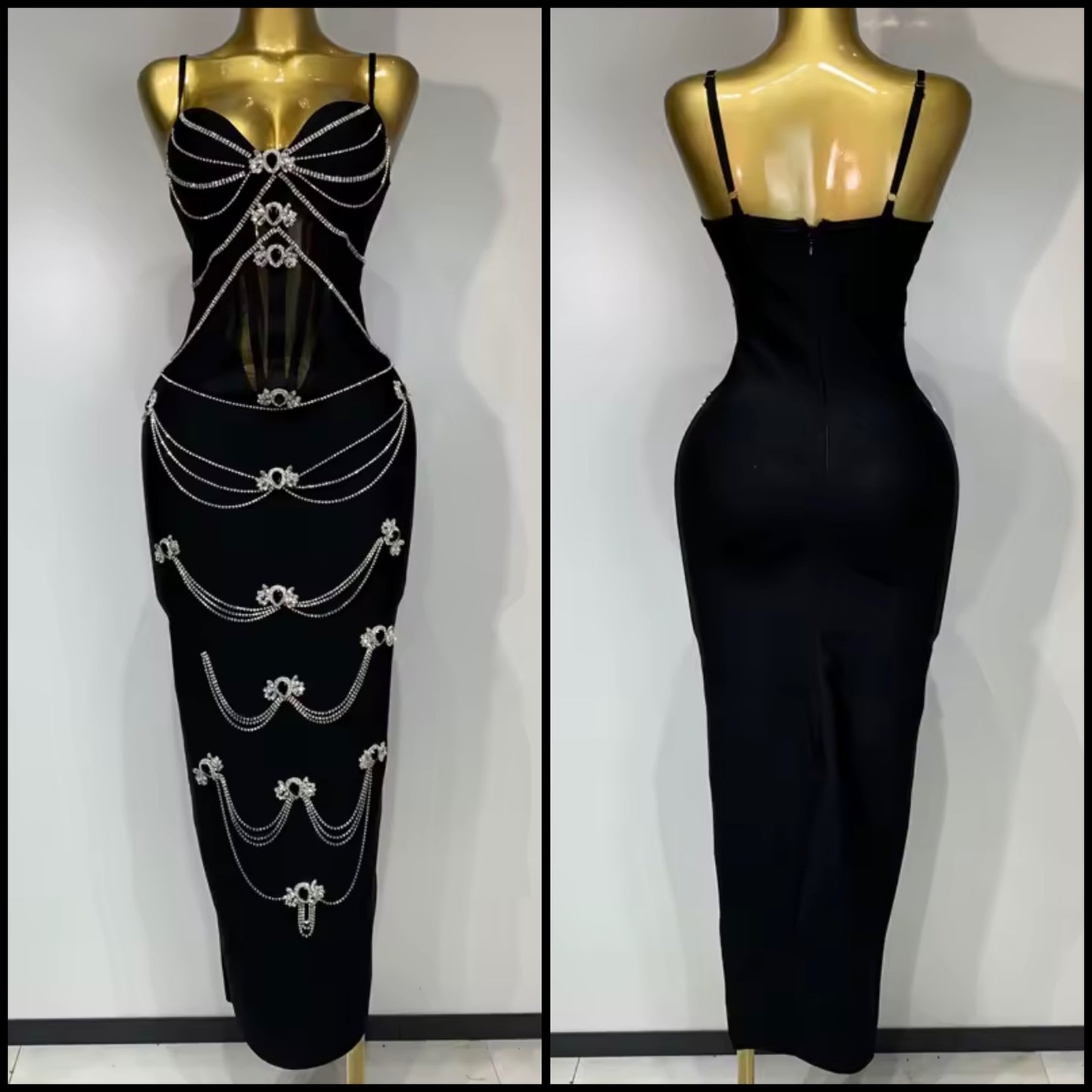 Elegant Sleeveless Rhinestone Chain Black Dress