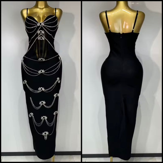Elegant Sleeveless Rhinestone Chain Black Dress