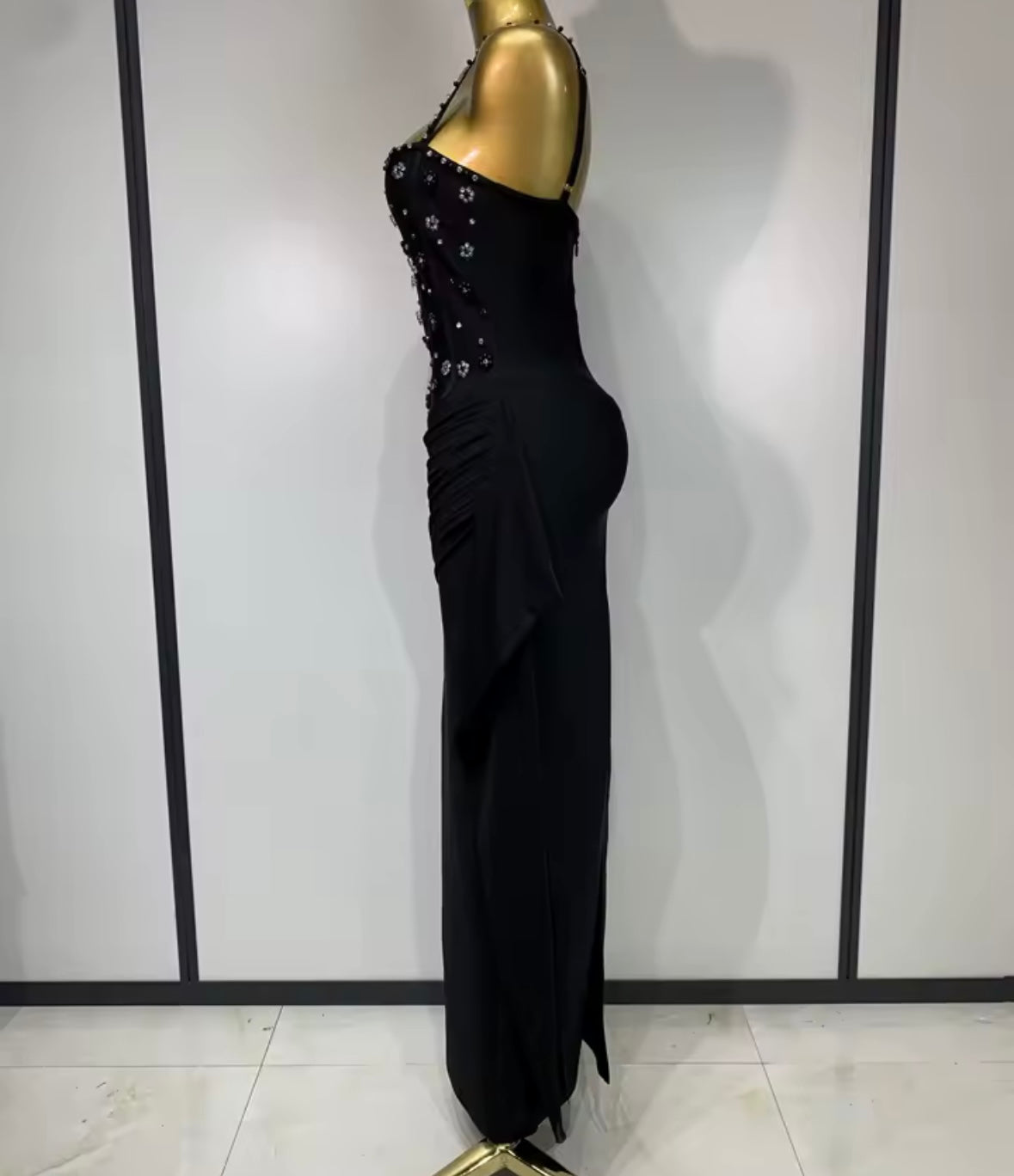 Black Sleeveless Floral Beaded Ruche Tassel Maxi Dress