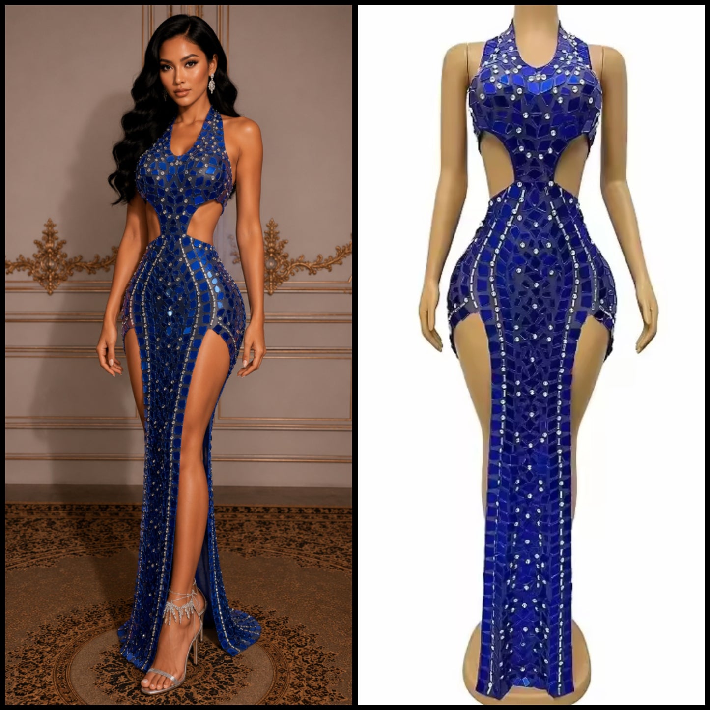 Blue Halter Open Back Sleeveless Mirror Rhinestone Maxi Dress