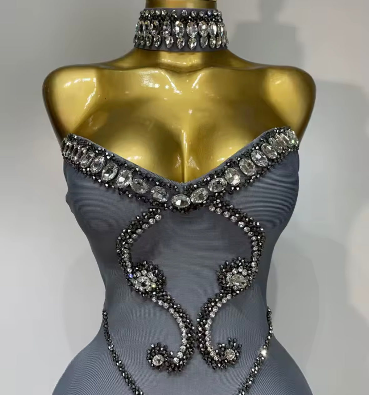 Rhinestone Choker Strapless Elegant Dress