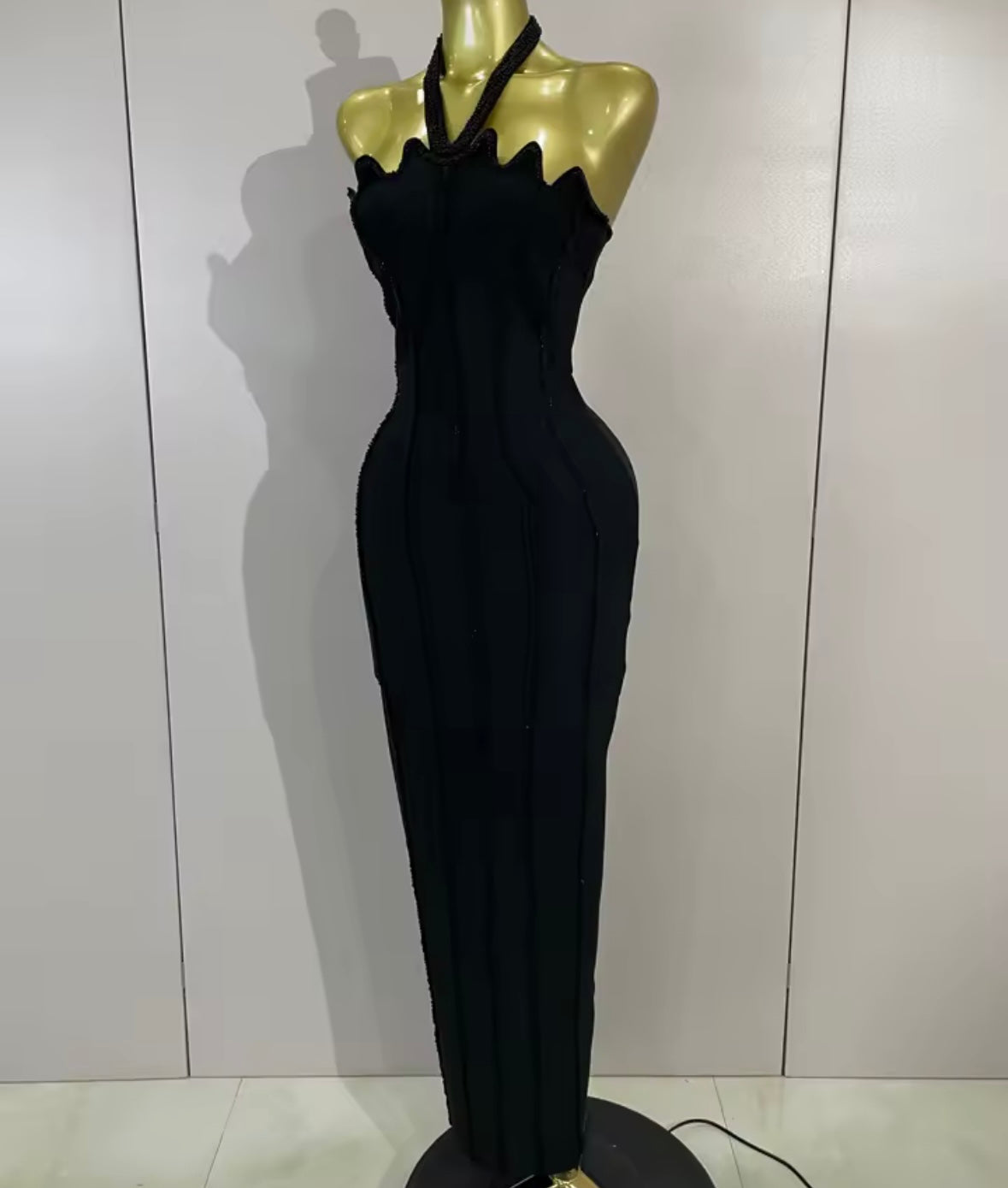 Black Beaded Halter Sleeveless Sexy Maxi Dress