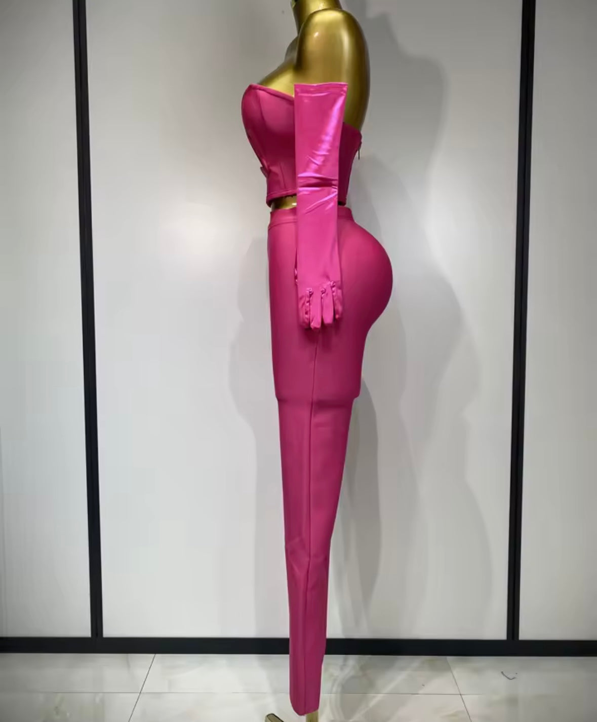 Sexy Pink Strapless Glove Full Sleeve Pant Set