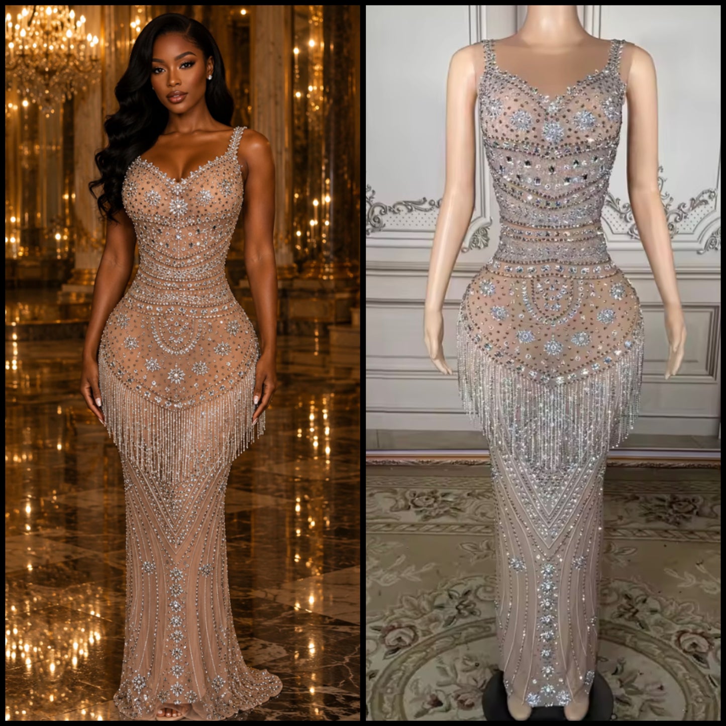 Sexy Sleeveless Rhinestone Tassel Floor-Length Dress