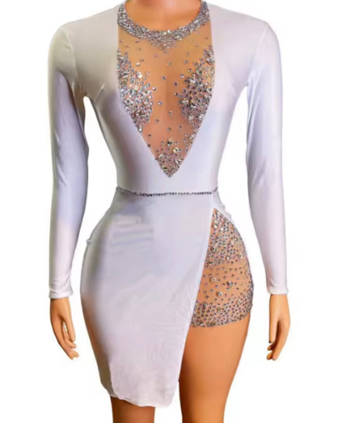 Sexy White Rhinestone Full Sleeve Dress