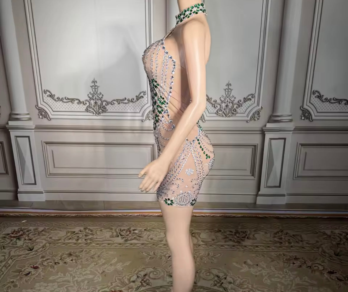 Sexy Halter Sleeveless Rhinestone Embellishment See Through Dress