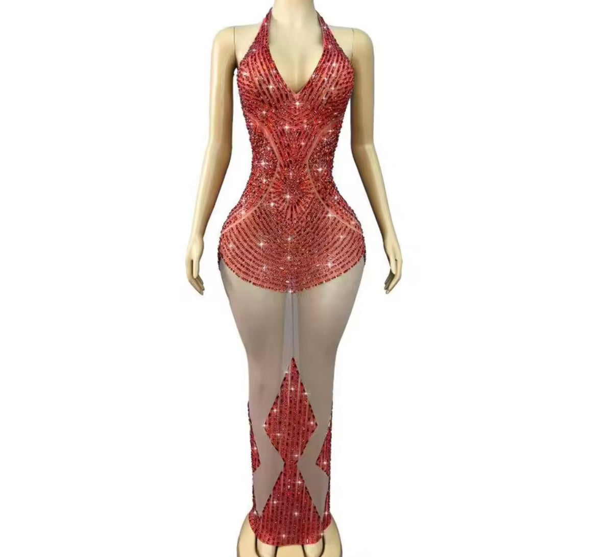 Sexy Halter Sleeveless Rhinestone See Through Maxi Dress