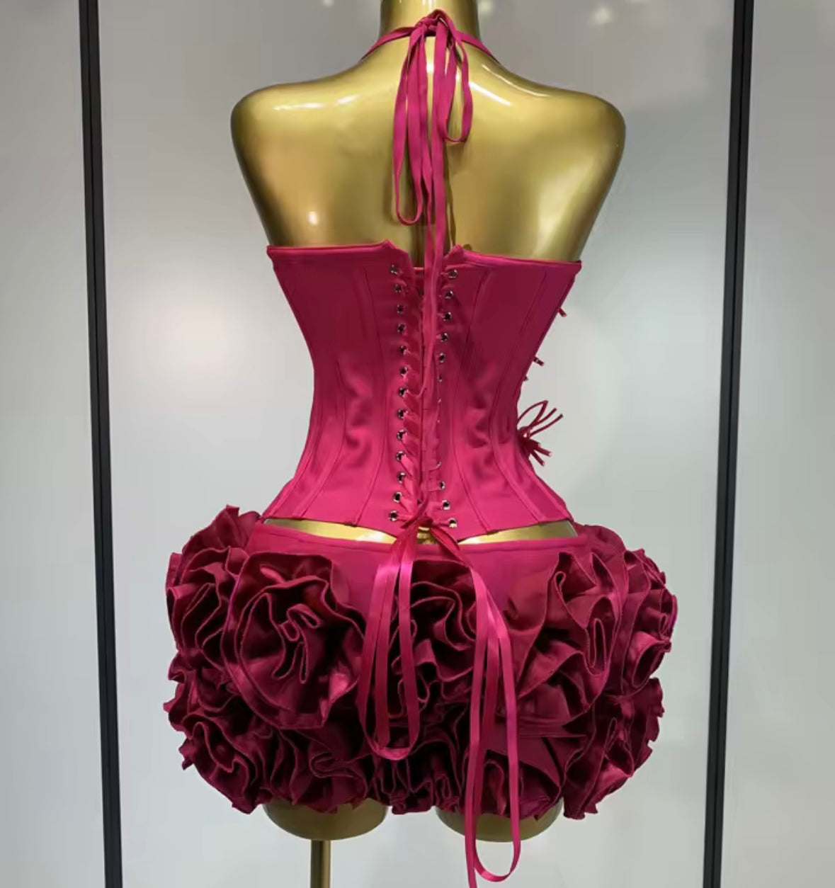 Sexy Halter Sleeveless Corset Top Two Piece Ruffled Skirt Set