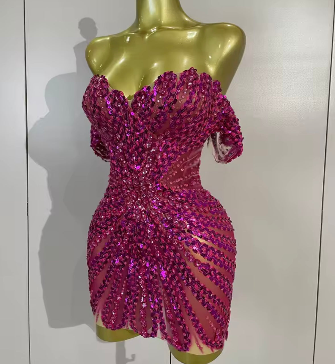 Sexy Pink Off The Shoulder Sequins Rhinestone Dress