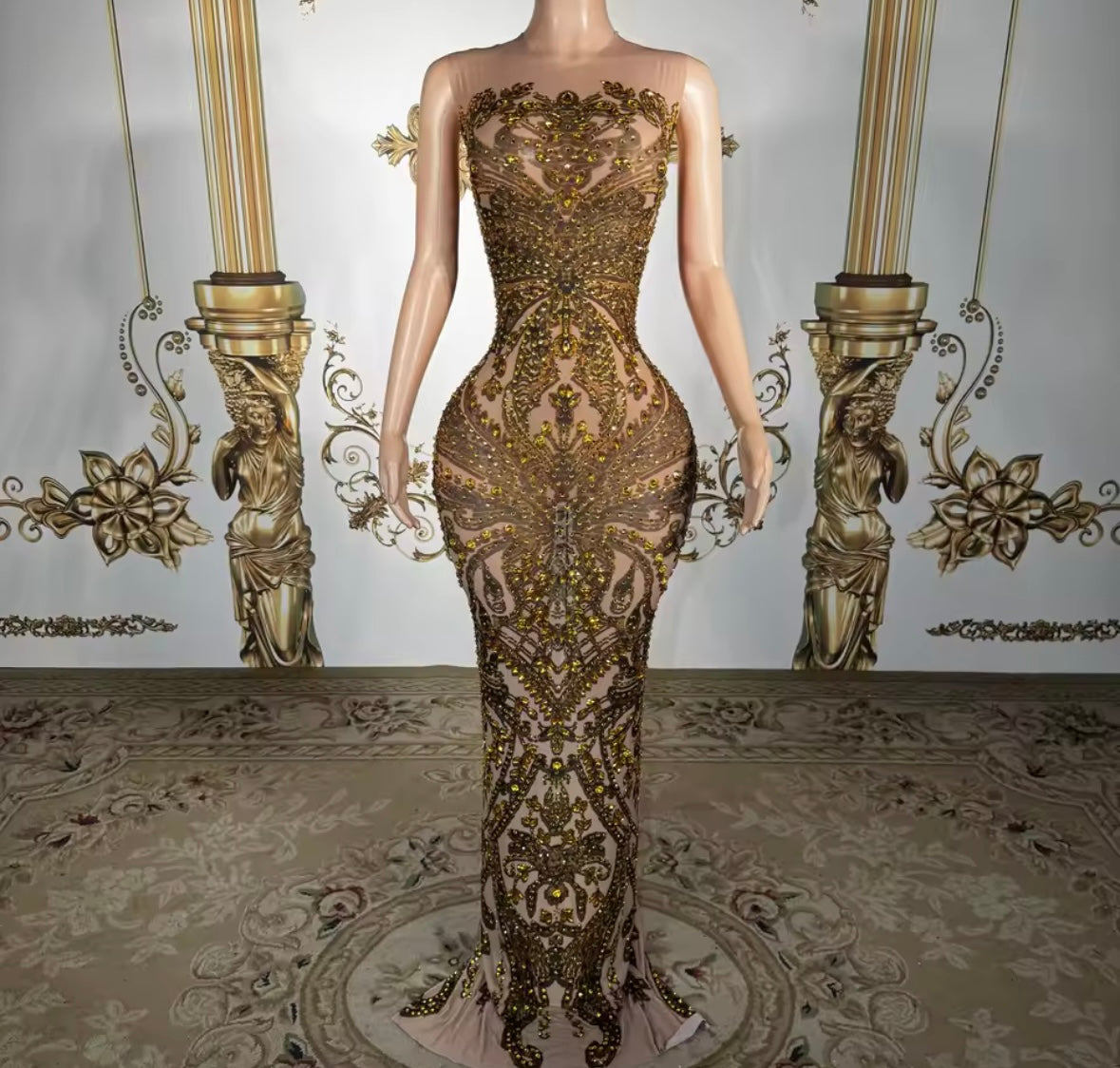Sexy Sleeveless Gold Rhinestone Embellishment Maxi Dress