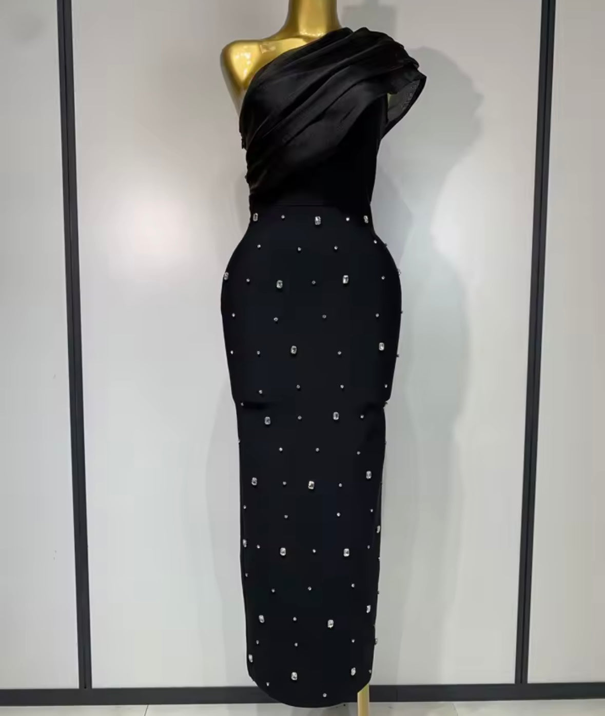 One Shoulder Sleeveless Sexy Rhinestone Maxi Dress