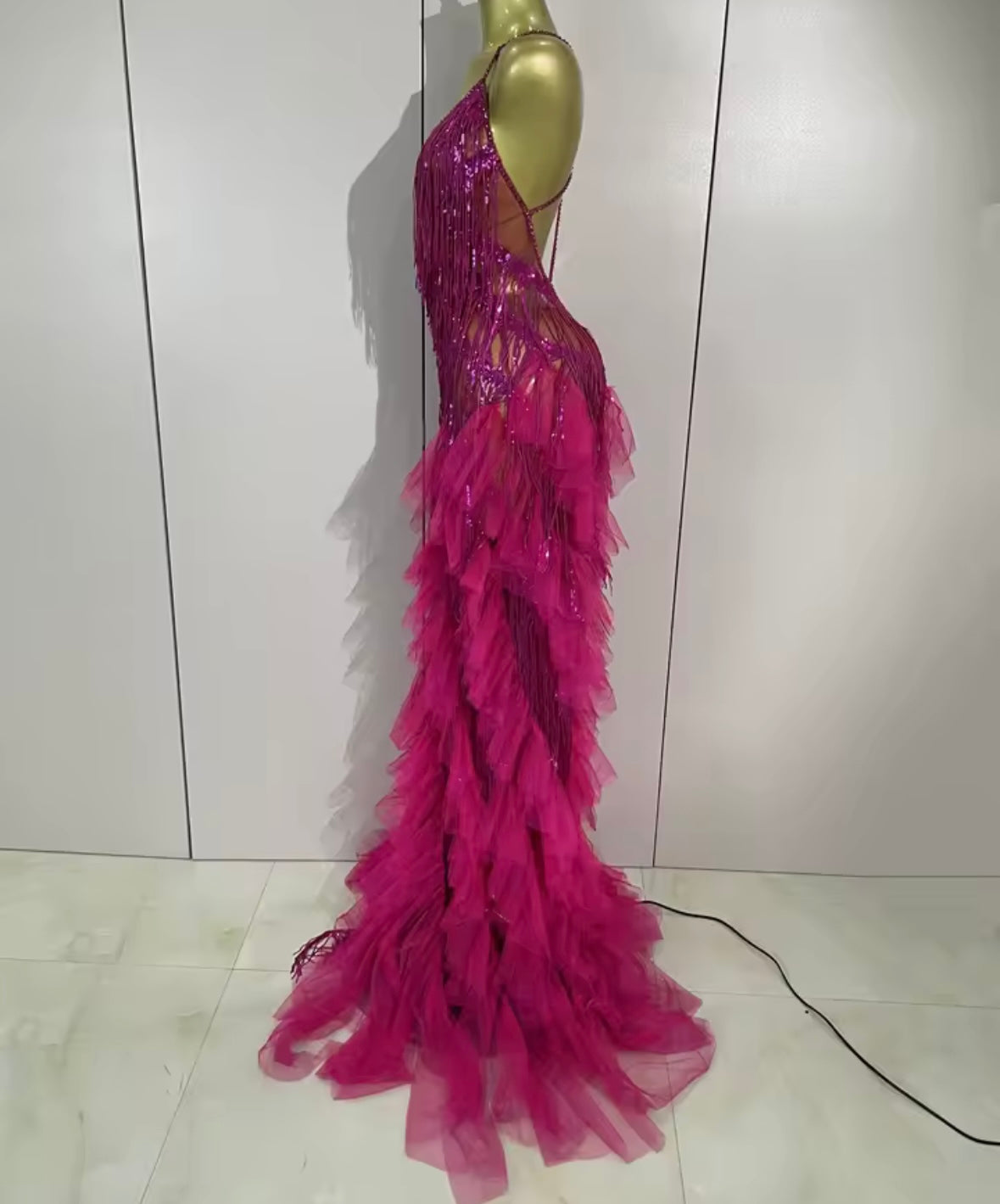 Sexy Sleeveless Open Back Fringe Tassel Rhinestone Maxi Dress